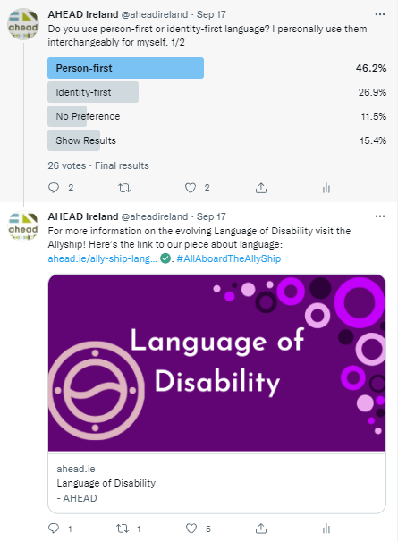 Screen shot of AHEAD Twitter Allyship posts - language of disability event